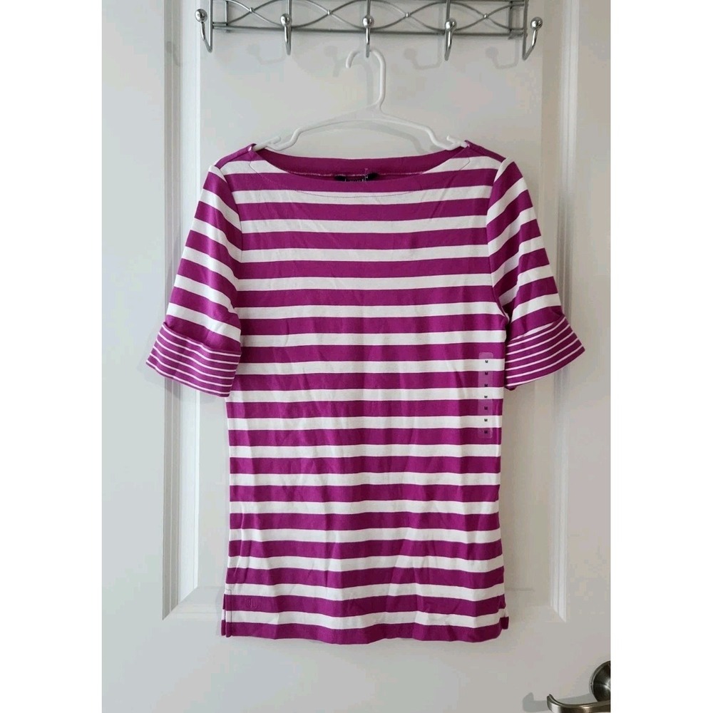 Lauren Ralph Lauren Magenta Pink White Striped Boat Neck Top Short Sleeve Size M